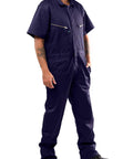 Men Short Sleeve Coveralls Navy Blue Jumpsuit With Two Way Antistatic Zipper And Locking Snap Closures worn by a man standing.