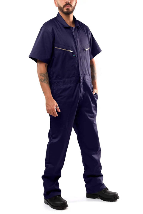 Men Short Sleeve Coveralls Navy Blue Jumpsuit With Two Way Antistatic Zipper And Locking Snap Closures worn by a man standing.