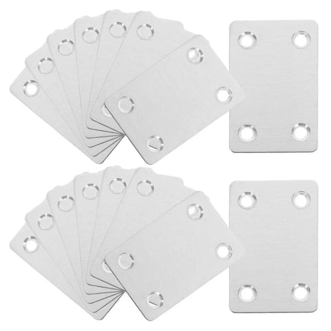Set Of Twenty Heavy Duty Stainless Steel Flat Mending Plates To Brace Wobbly Wood Shelves And Patch Up Broken Furniture Projects With Rock Solid Strength That Handles Daily Grind Without Breaking A Sweat. Features 20 flat plates with holes, 3x1.5 inches.