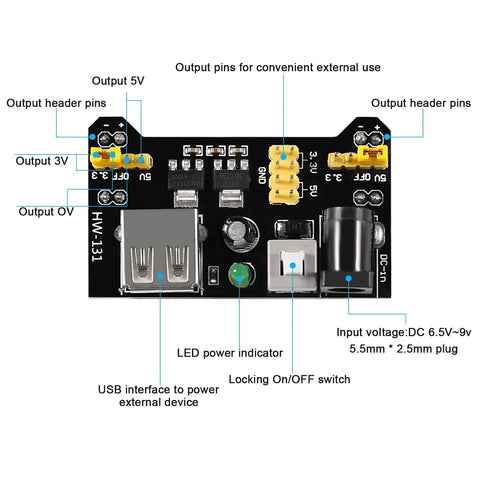 Awesome Breadboard Kit With Power Supply Module showing output header pins and LED power indicator for Raspberry Pi projects