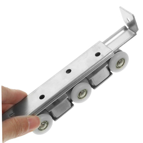 Smooth Glide Sliding Barn Door Track Kit Manganese Steel Wheels Heavy Duty Hardware Set with white wheels and metal track.