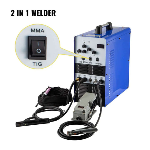 2 In 1 TIG And Arc Welder With AC DC Square Wave IGBT Inverter Argon Welding Machine For Home Shop Adjustable Output Current Weld Up To 27 Mm Semi Automatic Stick Welder Portable Multi Process Welder with visible control panel and cables