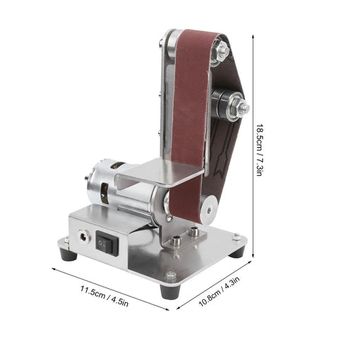Compact And Versatile Mini Electric Belt Sander Machine For Desktop Use features stainless steel construction and adjustable speed for sanding.