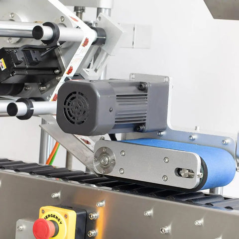 Automatic Horizontal Labeling Machine For Small Vials Bottles And Tubes Featuring Touch Screen Interface and motor with blue conveyor belt.