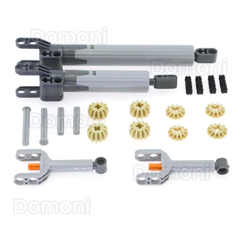 22-piece Lego-compatible powered-up linear actuator kit; two gray actuators, beige gears, brackets, pins and connectors.