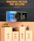 Portable Tire Inflator Air Compressor With Digital Pressure Gauge 150 PSI 3x Faster Inflation For Cars Motorcycles Bicycles And Sports Balls Plus Auto Shut Off Black displayed with large battery image