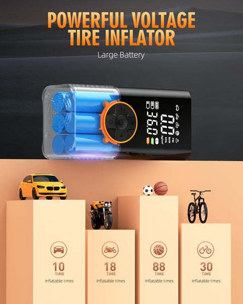 Portable Tire Inflator Air Compressor With Digital Pressure Gauge 150 PSI 3x Faster Inflation For Cars Motorcycles Bicycles And Sports Balls Plus Auto Shut Off Black displayed with large battery image
