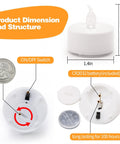 LED Tea Lights Battery Operated Pack Of 12 24 50 100 200 400 Flickering Warm White Realistic Candlelight With Long Lasting CR2032 Battery And No Fuss Easy On Off Switch, showing product dimensions and switch