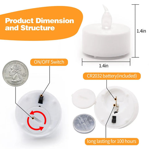 LED Tea Lights Battery Operated Pack Of 12 24 50 100 200 400 Flickering Warm White Realistic Candlelight With Long Lasting CR2032 Battery And No Fuss Easy On Off Switch, showing product dimensions and switch