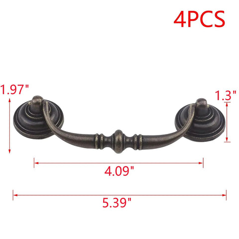 Antique Bronze Drop Swing Cabinet Pulls 4 Pack 4.09 Inch Bail Drawer Handles Zinc Alloy Rustproof with dimensions shown