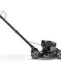 Side view of gas powered lawn mower with 144cc 4 stroke engine 20 inch deck side discharge 5 position cutting height low noise and fuel efficient