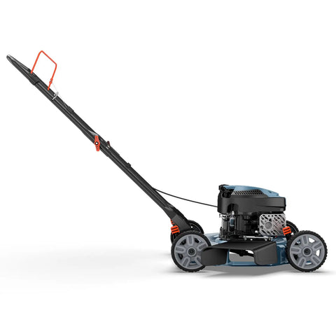 Side view of gas powered lawn mower with 144cc 4 stroke engine 20 inch deck side discharge 5 position cutting height low noise and fuel efficient