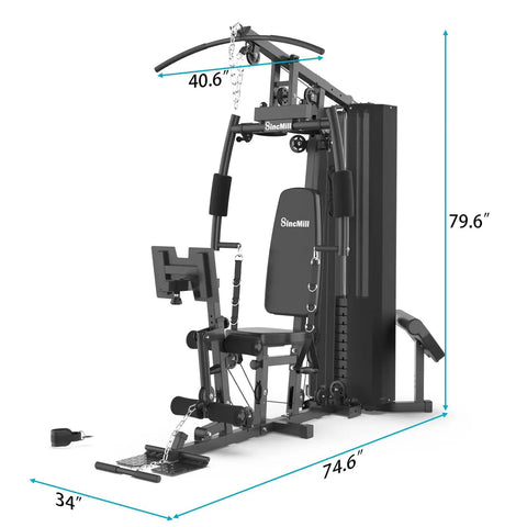 All In One 160Lb Home Gym System For Full Body Workouts, multifunctional equipment with heavy duty steel frame, dimensions visible
