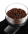 No Fuss Fully Automatic Drip Coffee Maker With Built In Grinder, large housing with transparent container of whole coffee beans.