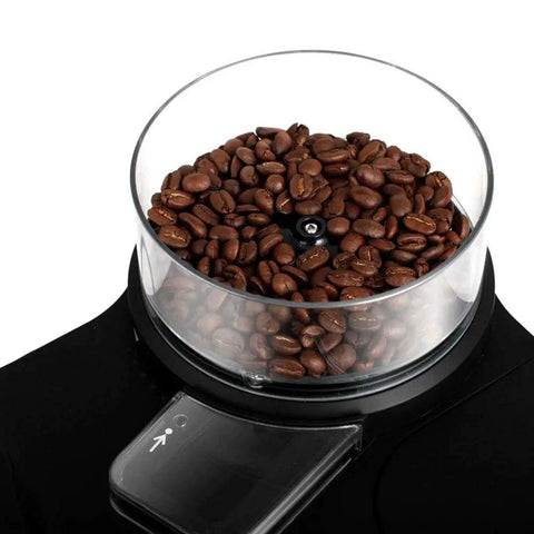 No Fuss Fully Automatic Drip Coffee Maker With Built In Grinder, large housing with transparent container of whole coffee beans.
