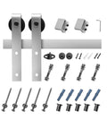 5Ft Brushed Nickel Sliding Barn Door Hardware Kit With 330 Lb Capacity, screws, rollers, track, and spacers shown