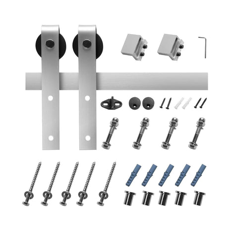 5Ft Brushed Nickel Sliding Barn Door Hardware Kit With 330 Lb Capacity, screws, rollers, track, and spacers shown