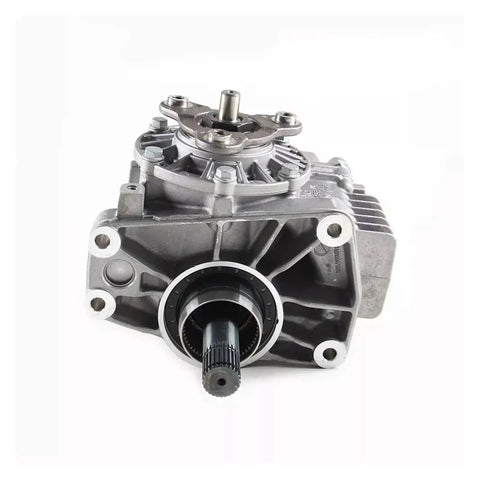 Transfer Case Assembly 0AU409053T Plug And Play Ready For VW Passat CC Tiguan 4Motion And Audi Q3 Quattro Beefed Up AWD Drivetrain Part For Easy Replacement And Smooth 4x4 Power, silver aluminum housing front view