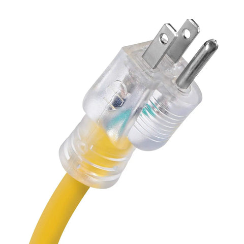 Close-up of plug for 10 Gauge 100 Ft Extension Cord 15 Amp 10 3 Grounded Outdoor Contractor Grade, lighted ends visible
