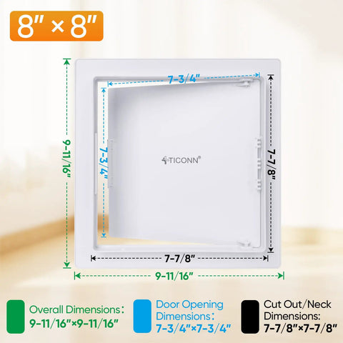 Kickass Eight By Eight Inch Abs Drywall Access Panel With Smooth Paintable Finish and Rock Solid Durability dimensions illustration.