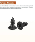 Ridiculously Strong One Hundred Pack Of Number Four By Quarter Inch Black Flathead Wood Screws Tough Self Tapping Fasteners Kickass Hardware For Diy Projects And Cabinetry close-up of durable black screws showing Phillips head and sharp tapered points.
