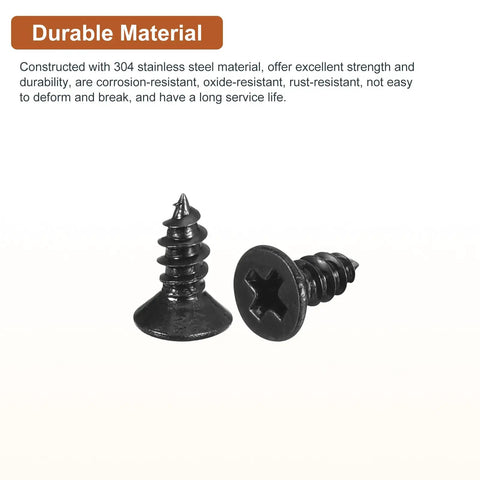 Ridiculously Strong One Hundred Pack Of Number Four By Quarter Inch Black Flathead Wood Screws Tough Self Tapping Fasteners Kickass Hardware For Diy Projects And Cabinetry close-up of durable black screws showing Phillips head and sharp tapered points.