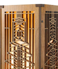 Detail of Robie House Lightbox Mini Accent Lamp with Cherry Wood Veneer and Shoji Paper Shade showing intricate wood design.