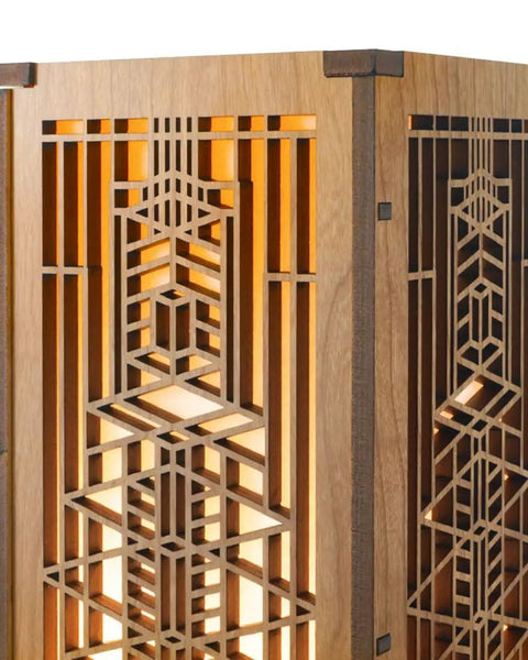 Detail of Robie House Lightbox Mini Accent Lamp with Cherry Wood Veneer and Shoji Paper Shade showing intricate wood design.