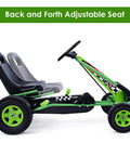 Kids Off Road Pedal Go Kart With Adjustable Seat Dual Safety Brakes EVA Rubber Tires Ride On Outdoor Racer For Boys And Girls Green 40 Inch Long Backyard Thrill Toy, side view of green go kart on white background.