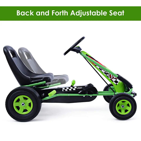 Kids Off Road Pedal Go Kart With Adjustable Seat Dual Safety Brakes EVA Rubber Tires Ride On Outdoor Racer For Boys And Girls Green 40 Inch Long Backyard Thrill Toy, side view of green go kart on white background.