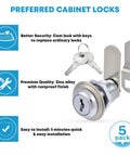 Cabinet Cam Lock Set 5 Pack Keyed Alike 1-1/8 Inch Cam Locks For File Drawers Dressers Mailboxes And RVs Replacement Lock Hardware Chrome Finish Zinc Alloy image with lock and keys.