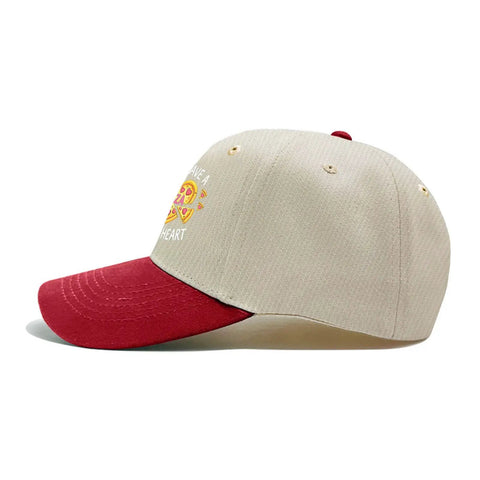 Side view of Pizza Of My Heart Funny Women Hat Adjustable Cap With Front Artwork, lightweight breathable material, one size.