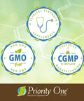 Clinical strength supplements, non-GMO, CGMP certified badges, Priority One logo on green background.