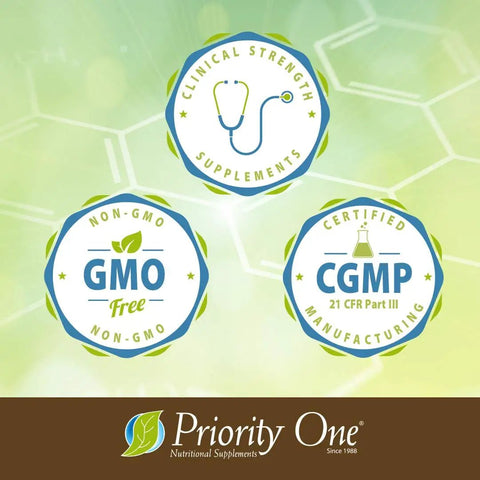 Clinical strength supplements, non-GMO, CGMP certified badges, Priority One logo on green background.