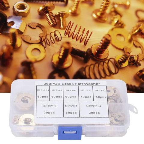 Pro-Grade Brass Flat Washer Set 360-Piece Assortment For Mechanical Maintenance M2 To M10 Sizes Reduces Friction Prevents Leakage Disperses Pressure Precounted In Separate Packages For Easy Quick Picks brass flat washer kit in labeled storage case