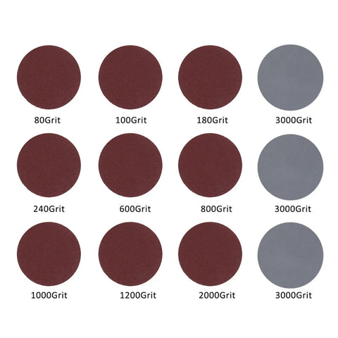 Top 100 Piece 3 Inch Sandpaper Discs With Super Grippy Backing Pads For Metal Wood And Plastic Polishing, showing various grits.