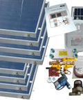 Eight Panel Freeze Protected Hybrid Solar Water Heater Kit With Dual Row Brackets For Gas Or Electric Tanks, complete installation components.