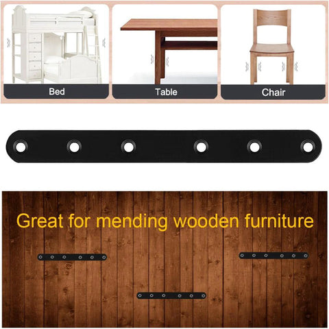 4 Pack Black Straight Brace Brackets 8 Inch Stainless Steel Flat Mending Plates for wood furniture repair with screws.