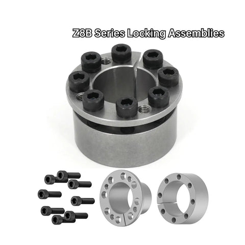 1 Piece Built Tough And Ready To Roll Locking Assembly With Tightening Sleeve Keyless Bushing And Precision Bearing For Shaft Mounting Projects Z8B EUX16 SCE201 KL201 with hex screws and steel components.