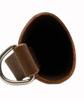 Top view of heavy duty leather welding electrode holder with rod pouch, showing interior and stainless rivets.