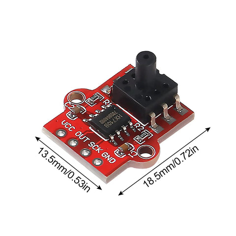 Angled front view of AEDIKO air pressure sensor module on red PCB with 4-pin header; 0–40 kPa, 3.3–5V, 2.5mm tubing port