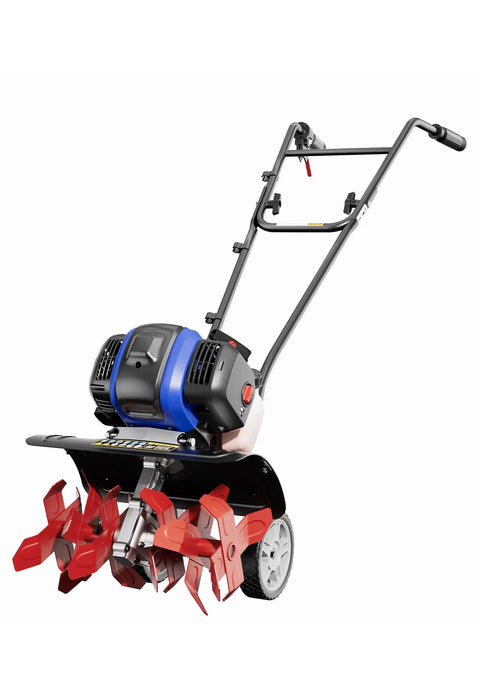 Power Packed 53cc Garden Tiller With 15 Inch Cultivator Width Liftable Booster Rod Easy Start And Rugged Mini Cultivator shown