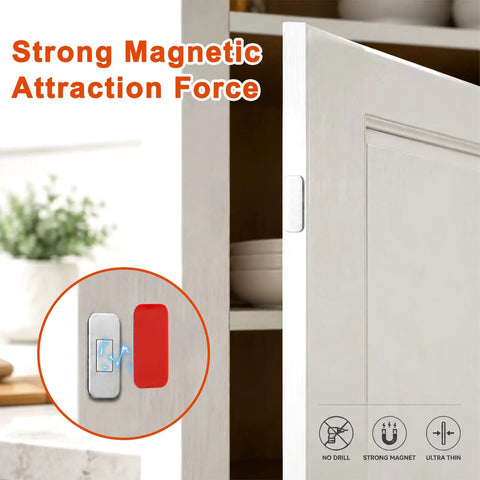 12 Pack No Drill Magnetic Cabinet Catches Ultra Thin Stainless Steel With Strong Adhesive For Kitchen Bathroom Closet And Rv Door Catching Solutions mounted on a cabinet.