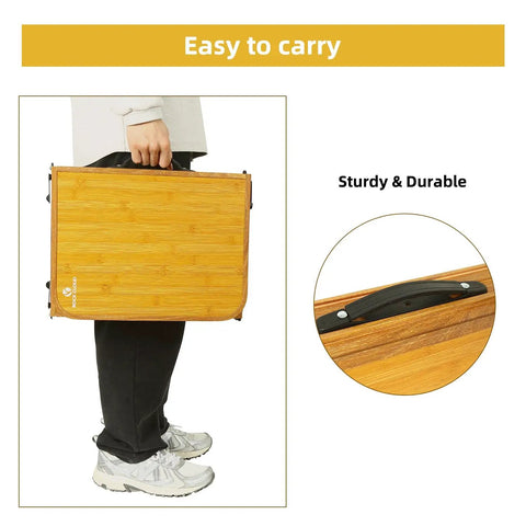 Person carrying an Ultralight Portable Camping Table Foldable Three Folding Beach Table with Carry Handle showing sturdy design.