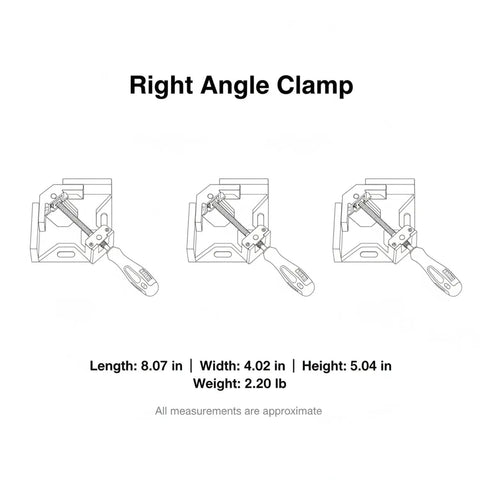 Heavy Duty 2.2 Lb Alloy Right Angle Clamp For Solid Workholding At Perfect 90 Degree Corners On Wood Or Metal Fabrication Projects With Lock Handle showing dimensions.