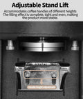 Pro Level Automatic Coffee Tamper Machine Featuring Adjustable Pressure Control Built To Reduce Wrist Strain and Help You Nail Consistent Espresso Shots Without Any Sweat Or Complicated Setup Daily adjustable stand lift with handle height adjustment feature.
