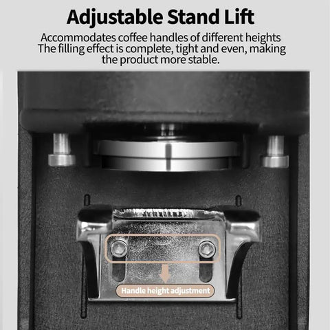 Pro Level Automatic Coffee Tamper Machine Featuring Adjustable Pressure Control Built To Reduce Wrist Strain and Help You Nail Consistent Espresso Shots Without Any Sweat Or Complicated Setup Daily adjustable stand lift with handle height adjustment feature.