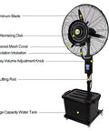 No Sweat 26 Inch High Velocity Industrial Misting Fan With Fully Adjustable Height and labeled parts for easy identification.