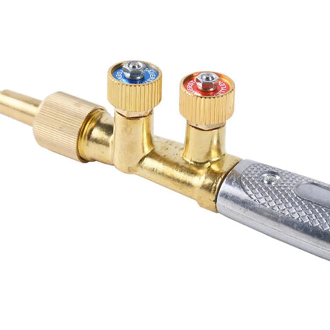 Close-up of control knobs on cutting torch and welding set for demanding cutting brazing and heating tasks with 90 degree head angles for tight spaces