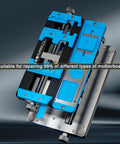 PCB Fixing Holder IC Chip Maintenance Fixture All In One Circuit Board Repair Station with dual axis clamps and blue design.